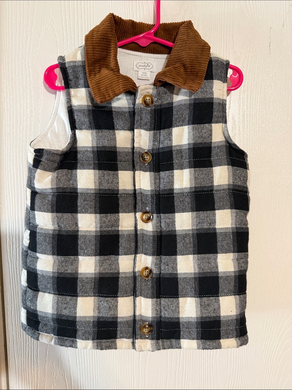 Mud Pie Black & Cream Plaid Puffer Vest with Brown Corduroy Collar
